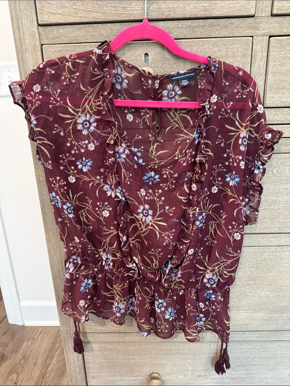 American Eagle Floral Ruffle V-Neck Blouse in Burgundy Sheer